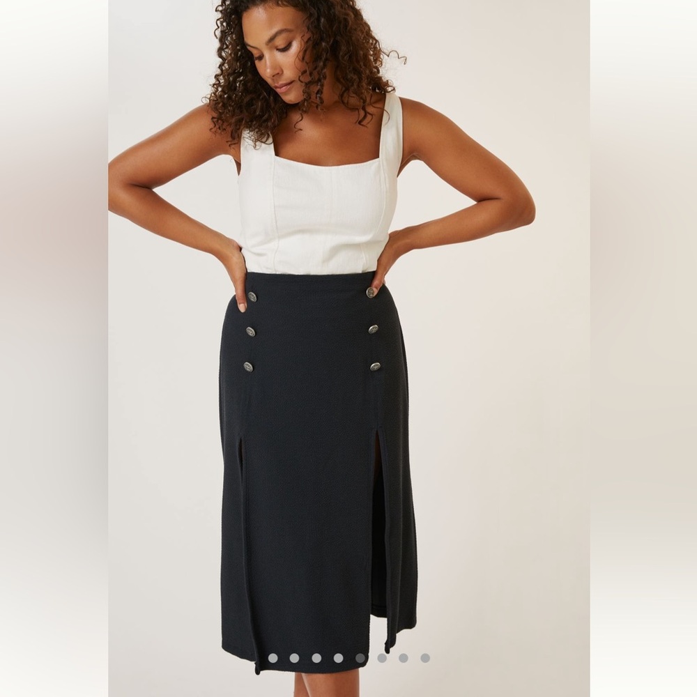 NWT Anthropologie Maeve Navy Dual Split Nautical Button Midi Skirt, 24W